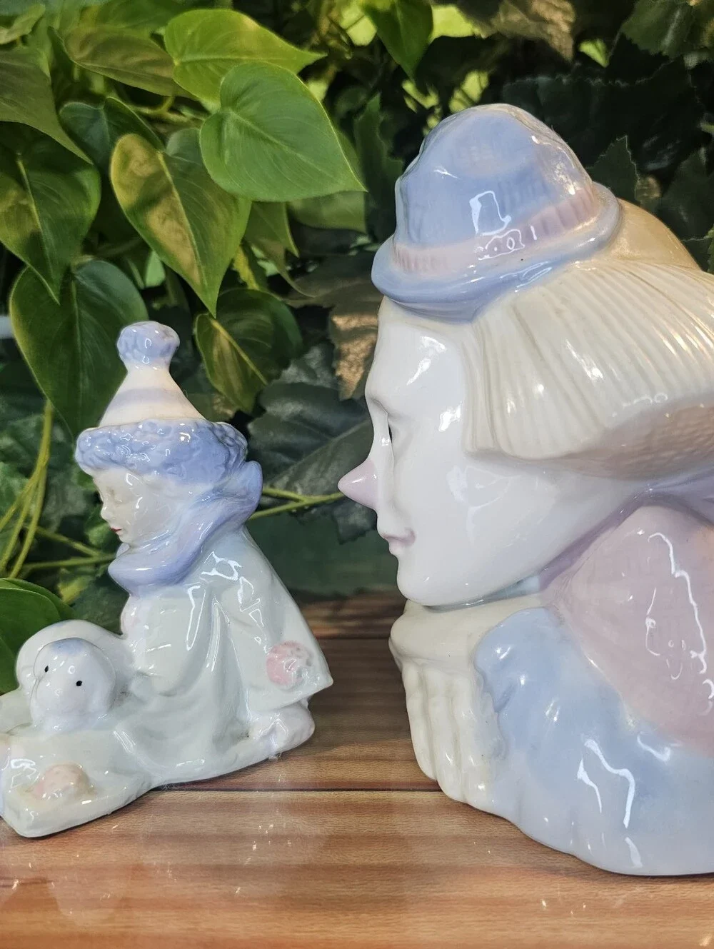Vintage Pastel Porcelain Clown Figurines Lot of 2 Large Clown Bust & Seated Clow